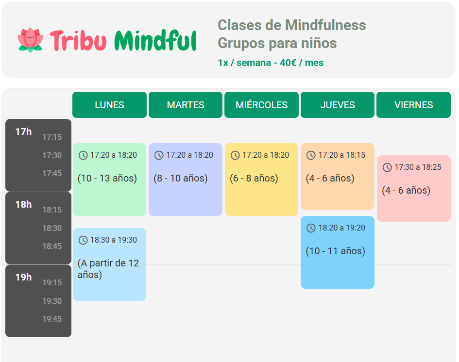 Horarios de los grupos para sesiones con niños y adolescentes