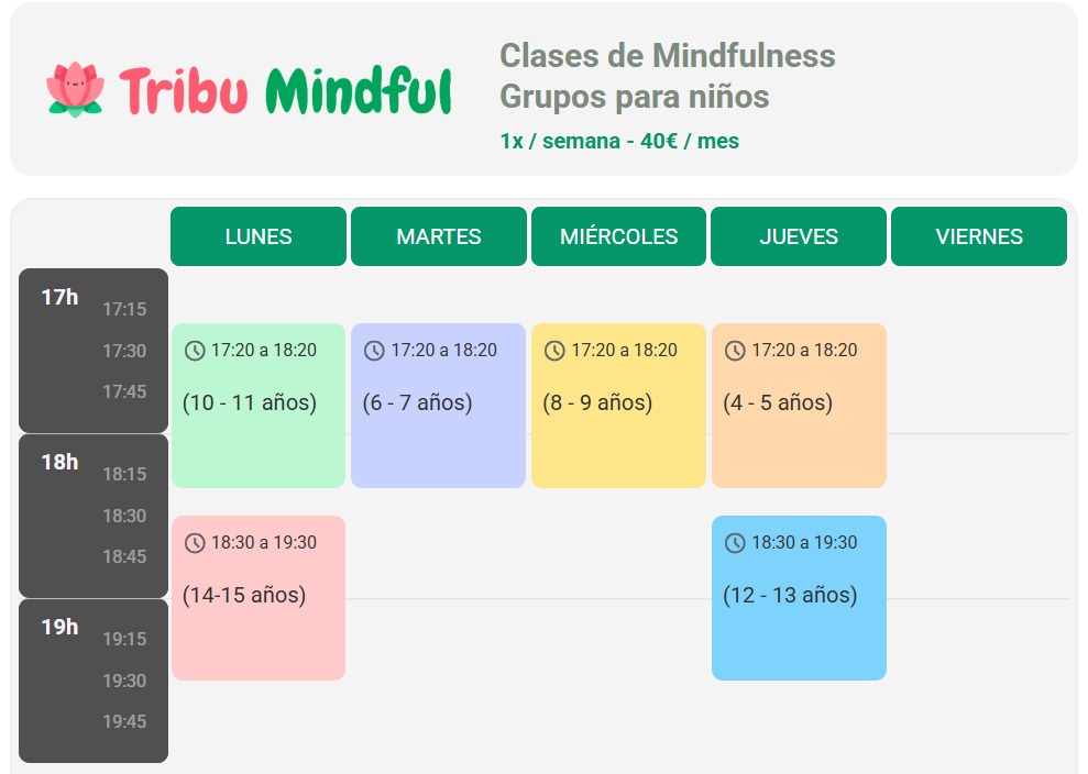 Tabla de horarios para las clases en grupo en Tribu Mindful